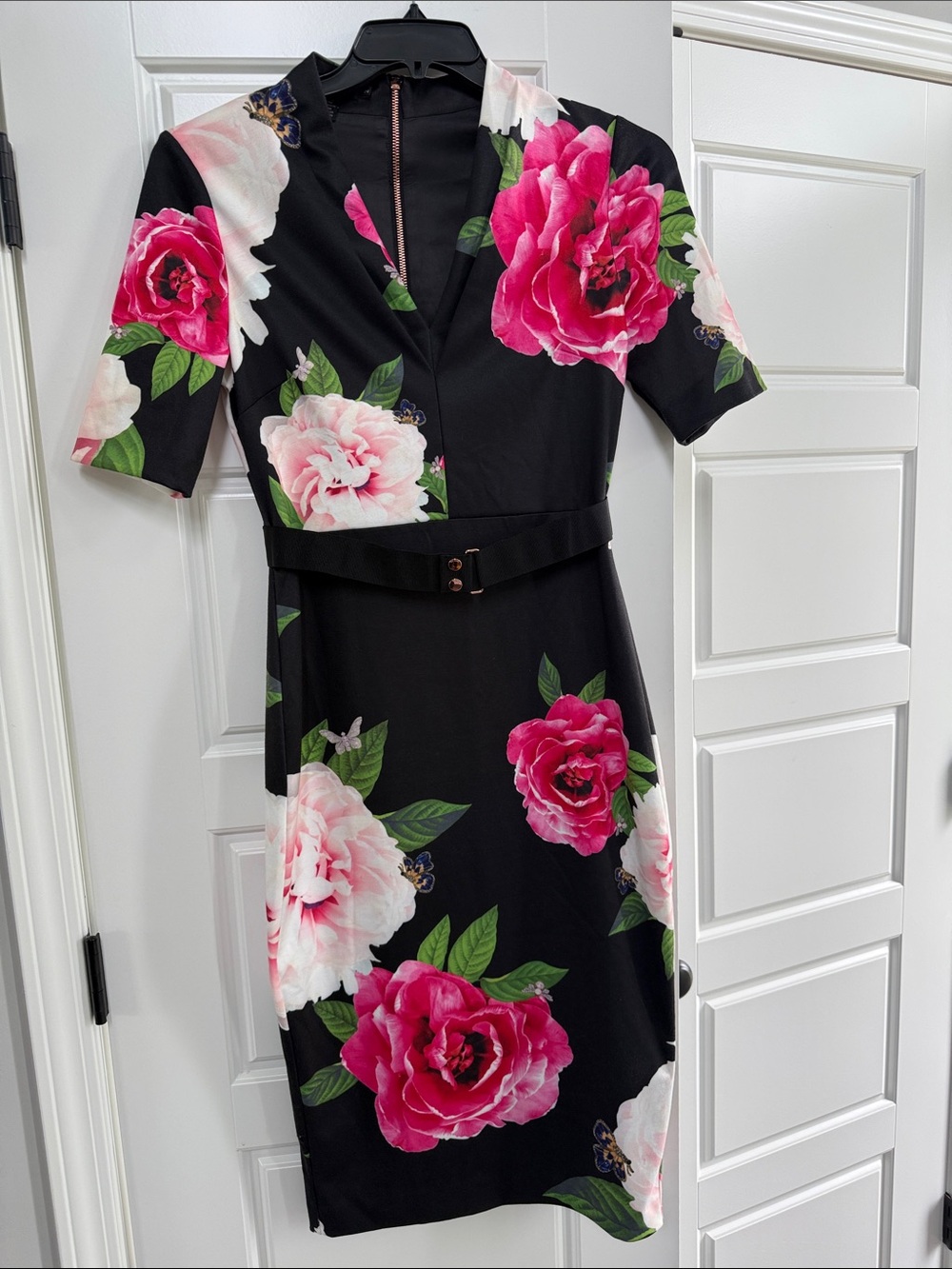 Ted Baker Black Midi Dress with Bold Pink Floral Print - Picture 5 of 5